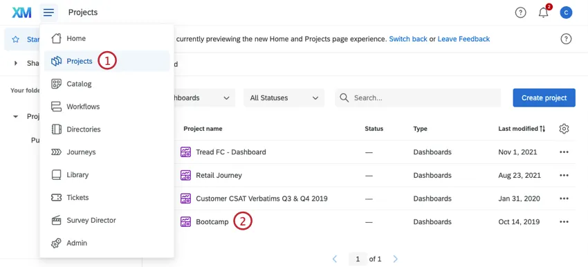 Selecting a dashboard on the projects page