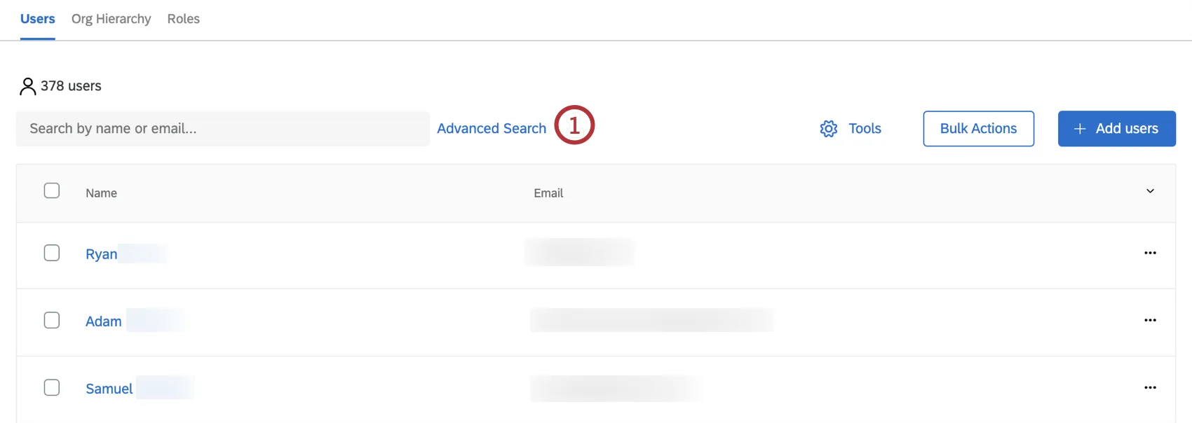 advanced search bar within the cx dashboards user admin