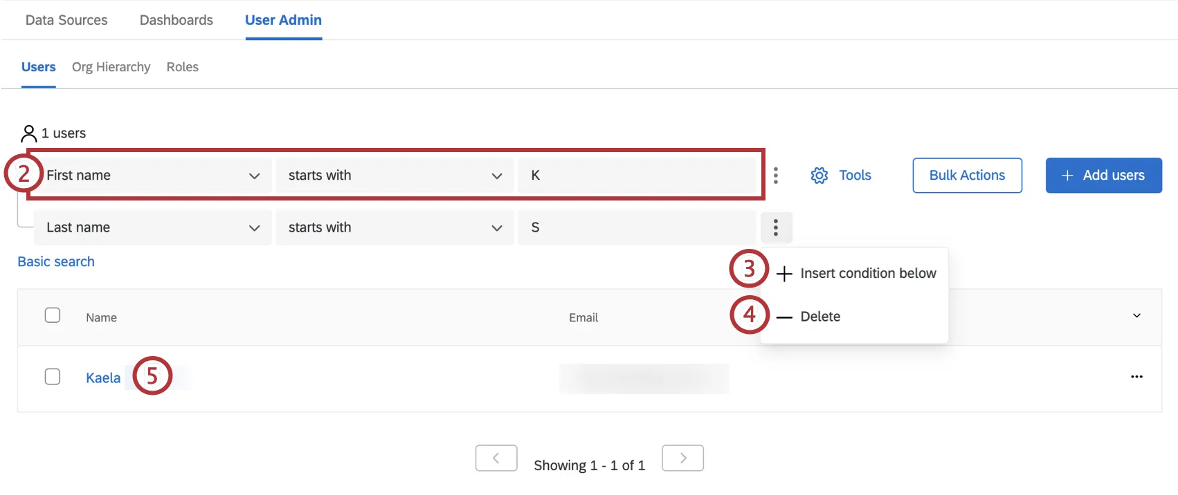 steps to use advanced search to search within the user admin tab