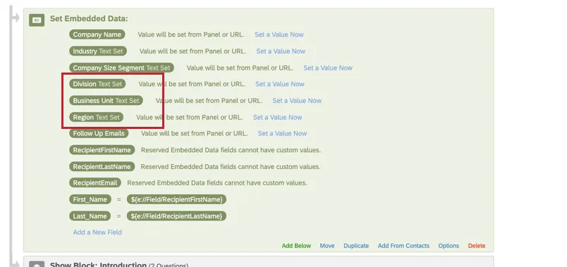 Survey flow open, green embedded data element at the very beginning