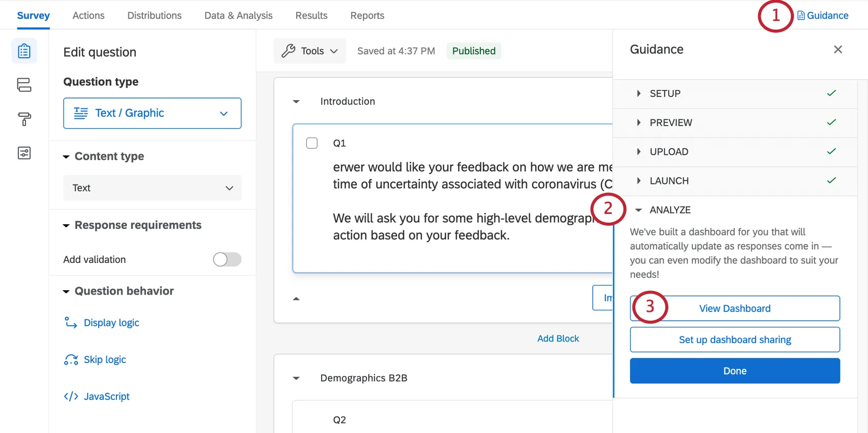 in the guidance window, navigating to analyze and clicking view dashboard