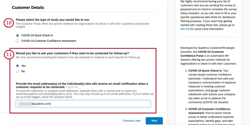 Deux questions à choix multiple et une saisie du texte qui apparaît lorsque vous répondez "oui" à la question précédente