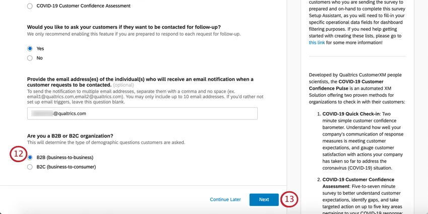 En bas de la première page, des questions à choix multiple avec des options B2B et B2C. En dessous, vers la droite, un bouton bleu "Suivant"