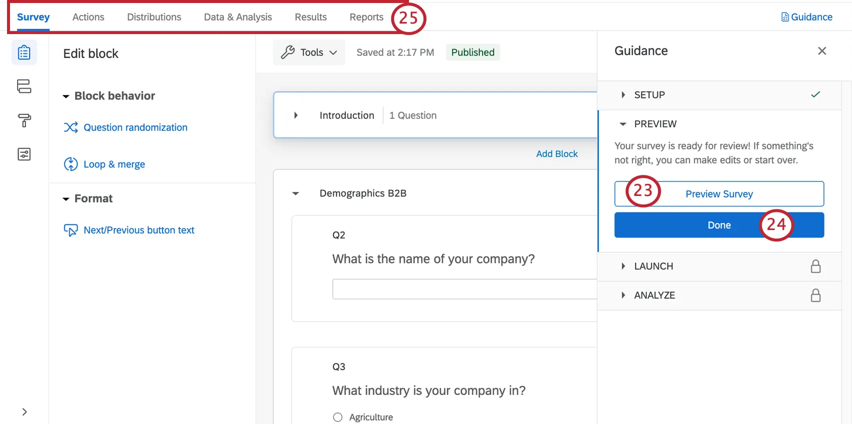 Survey builder open with a guidance sidebar to the right that takes you through key steps