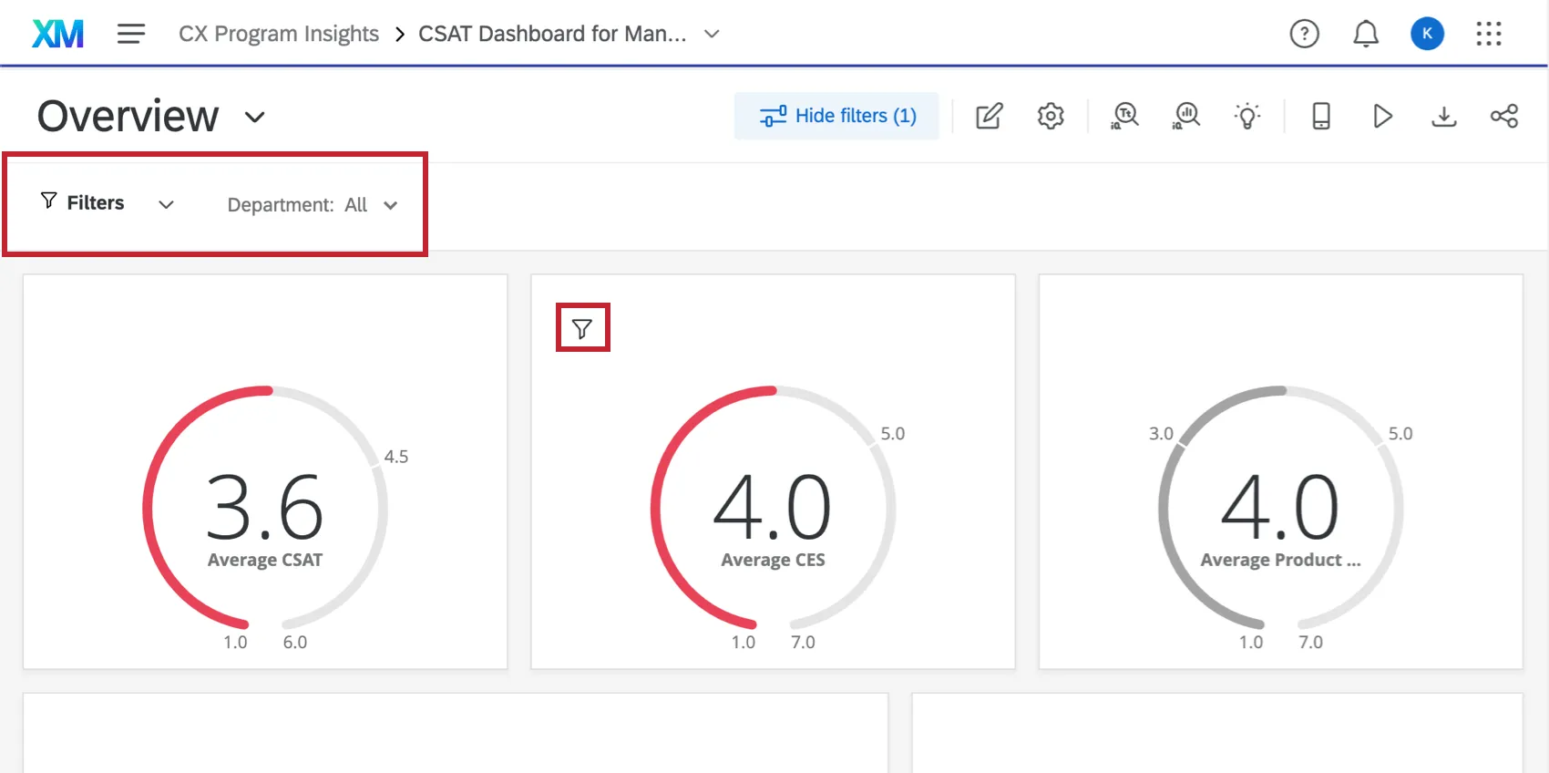 Seitenfilter werden in den oberen Navigationsleisten aufgelistet. Filter auf Ebene des Widgets werden als kleines Trichtersymbol oben links im Widget aufgelistet