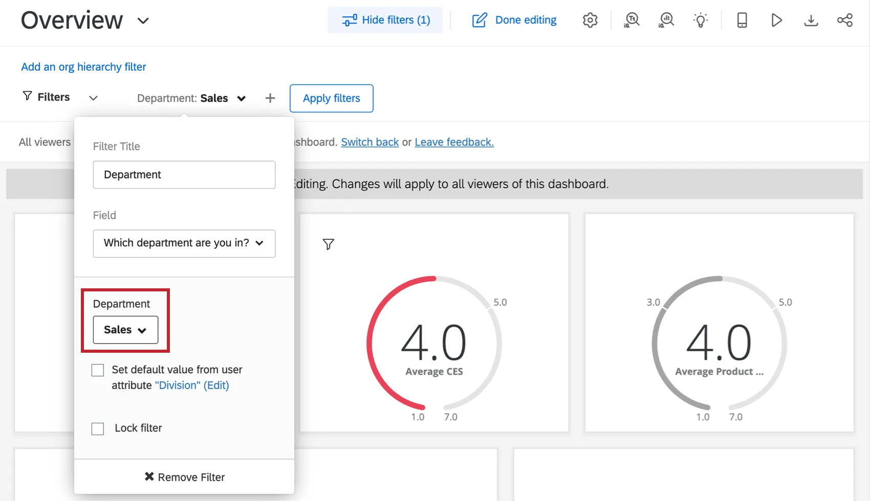 Filtre élargi pour montrer les paramètres décrits