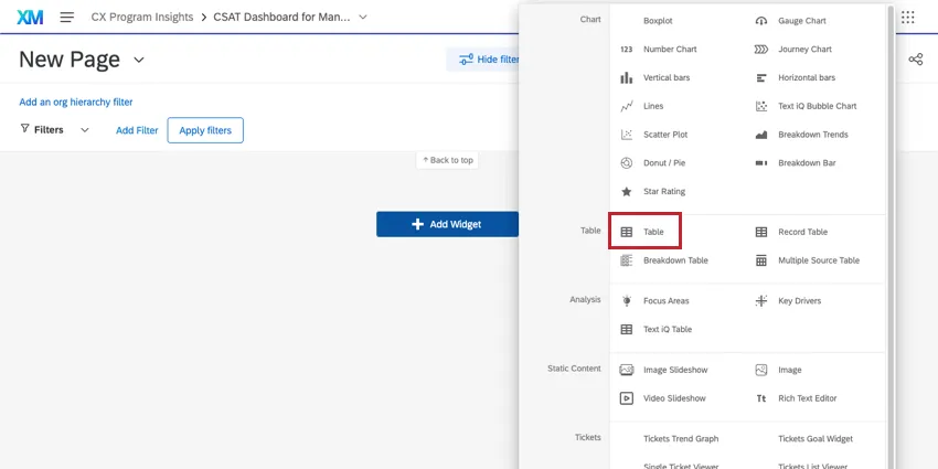 Menü über die Schaltfläche Widget hinzufügen“ erweitert
