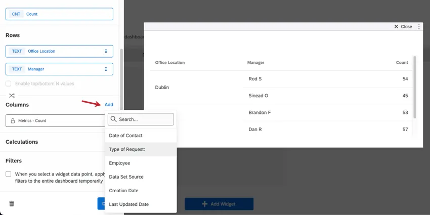 clicking set column dimension and choosing a field