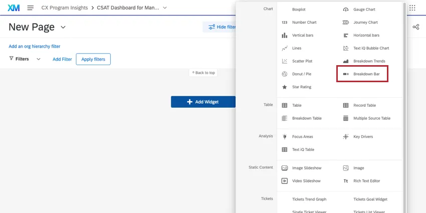 Menu expandido a partir do botão Adicionar widget