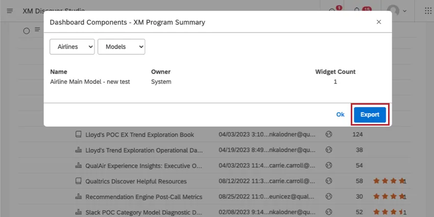 export button in dashboard component windows