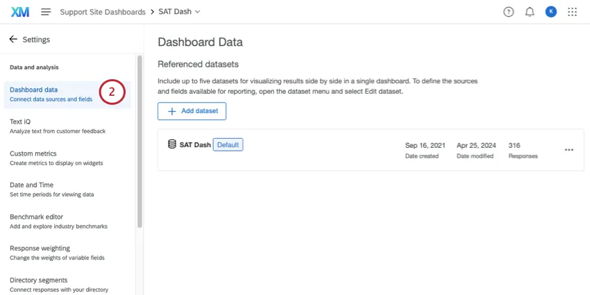 La pestaña de datos del Tablero de configuración del Tablero es la predeterminada