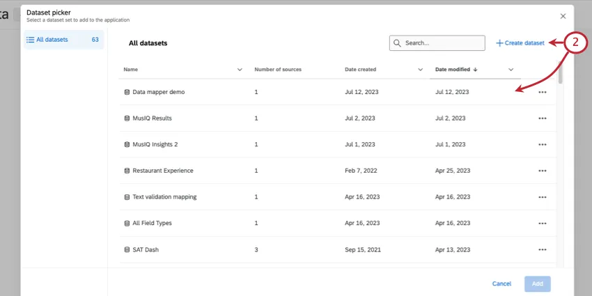 New window where you see a list of existing datasets