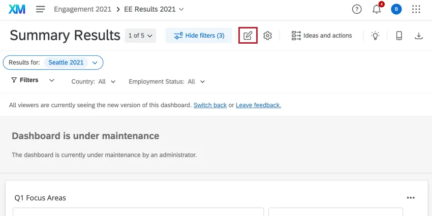 il pulsante di modifica del dashboard