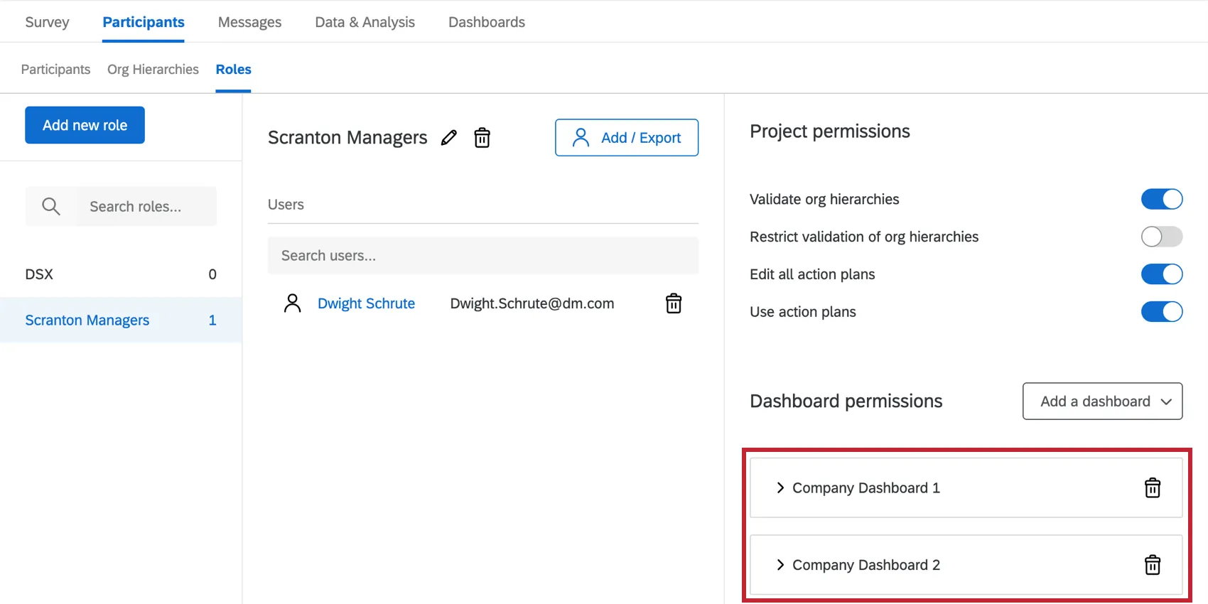 A role. On the far-right, dashboard permissions are listed