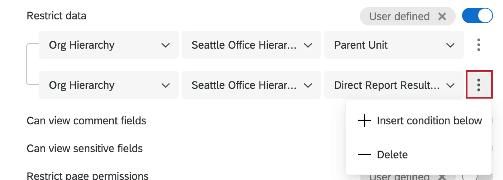 Dots expanded to show "insert condition below" and "delete" options