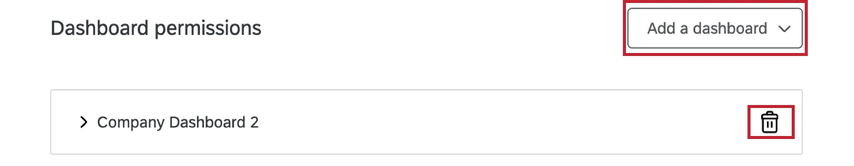 adicionar um menu suspenso dashboard no canto superior direito; ícone de lixeira no canto direito de cada dashboard adicionado