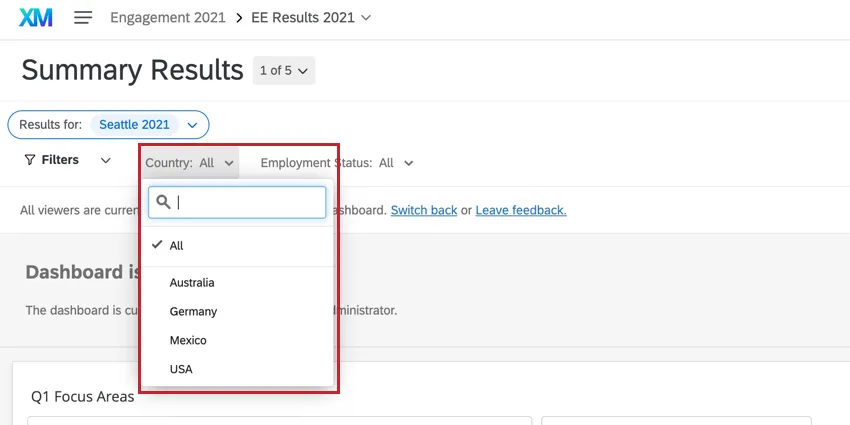 a dashboard filter set to "all"