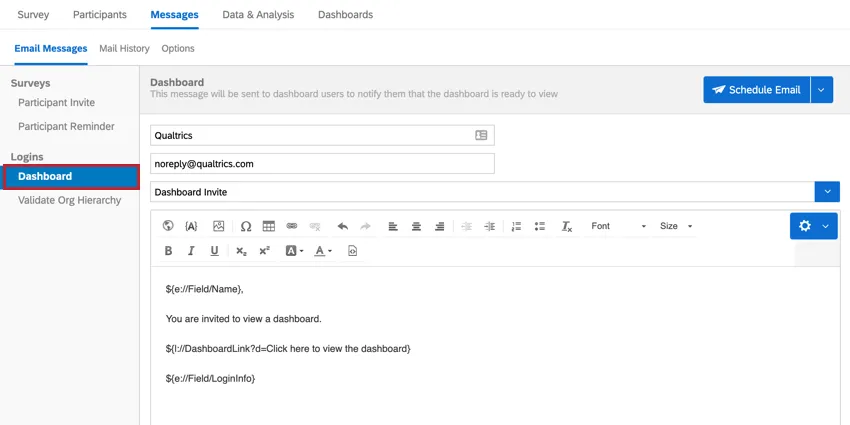 la sezione messaggi del dashboard