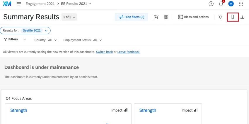 ダッシュボード上部のモバイルプレビューボタン