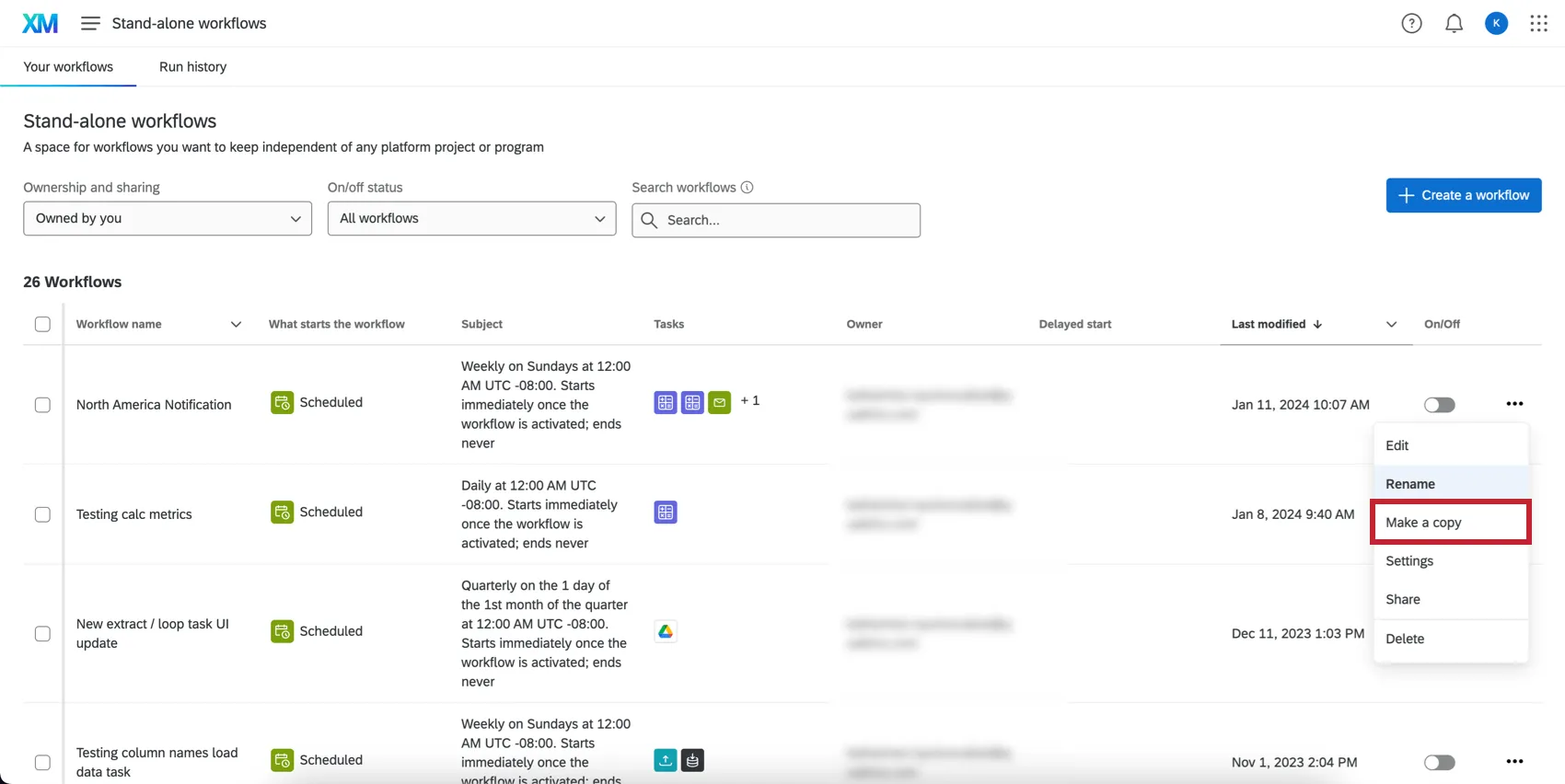 Dropdown next to a workflow on the main list of stand-alone workflows includes a make a copy option