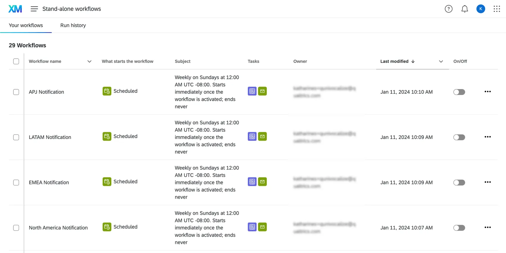 Liste der verschiedenen Workflows mit unterschiedlichen Regionen im Namen
