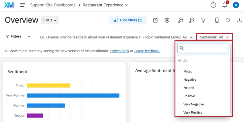 un filtro nella parte superiore di un dashboard