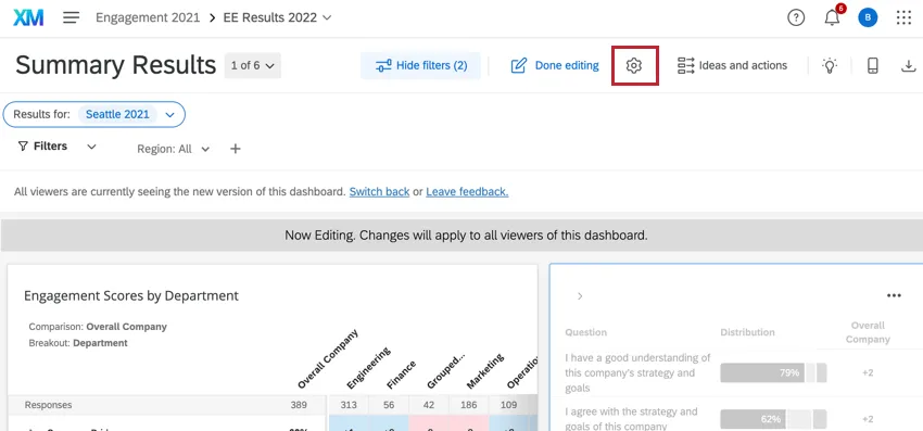 il pulsante delle impostazioni dellingranaggio nella parte superiore di una dashboard