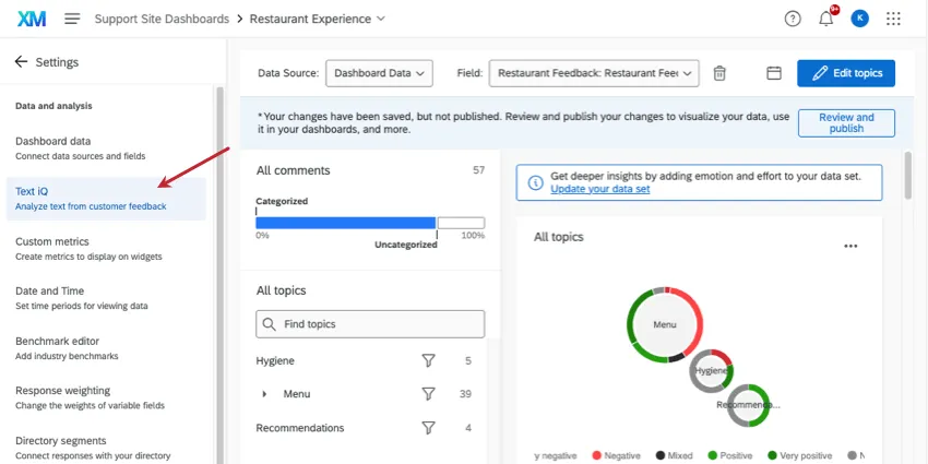 Text iQ platform. This image highlights the text pane from a dashboard settings page