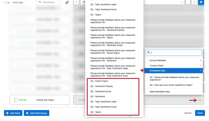 Mapping a new field in dashboard data, and pulling open menus to select text analysis fields