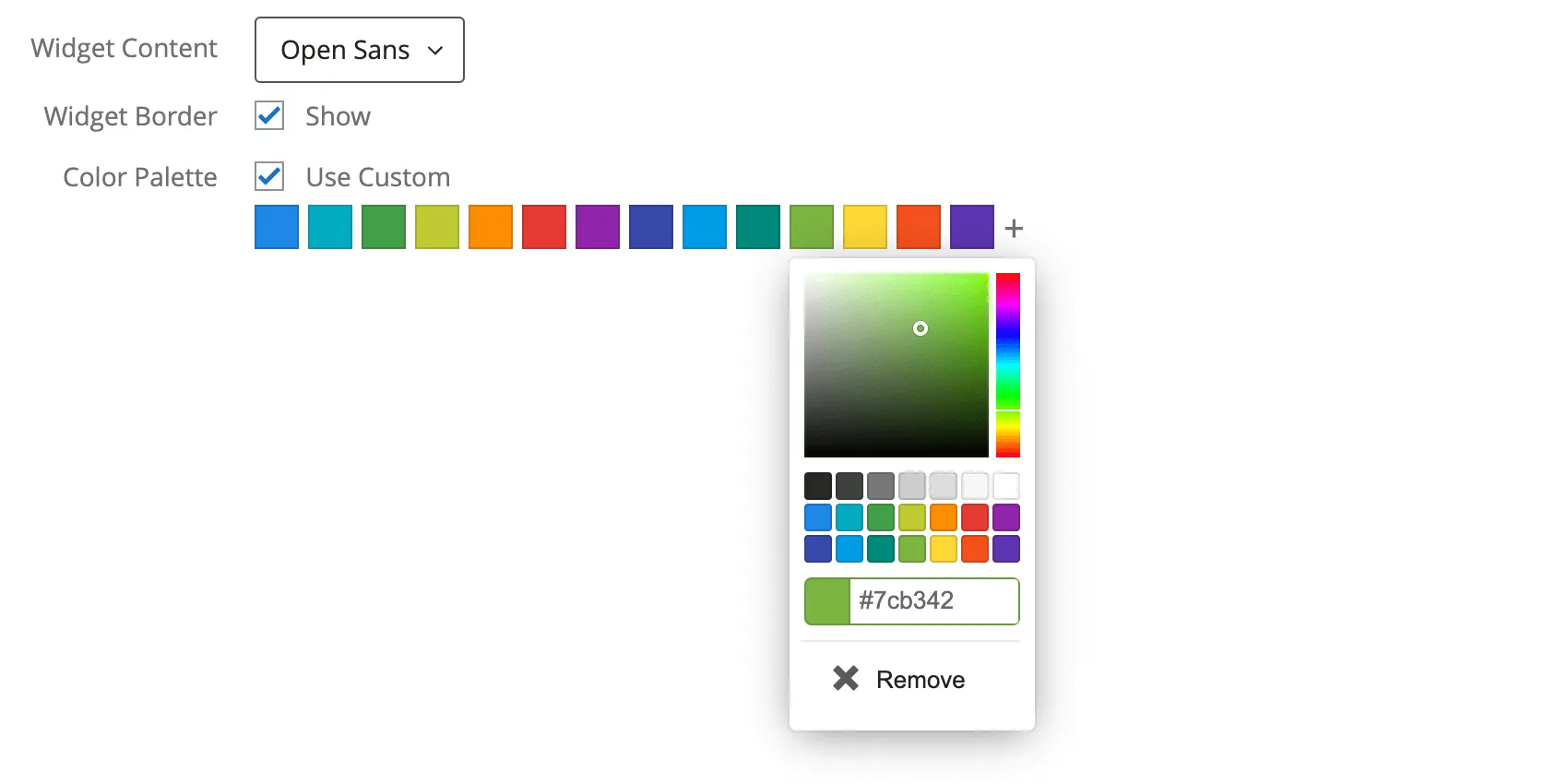 Palette color expanded with Remove option indicated