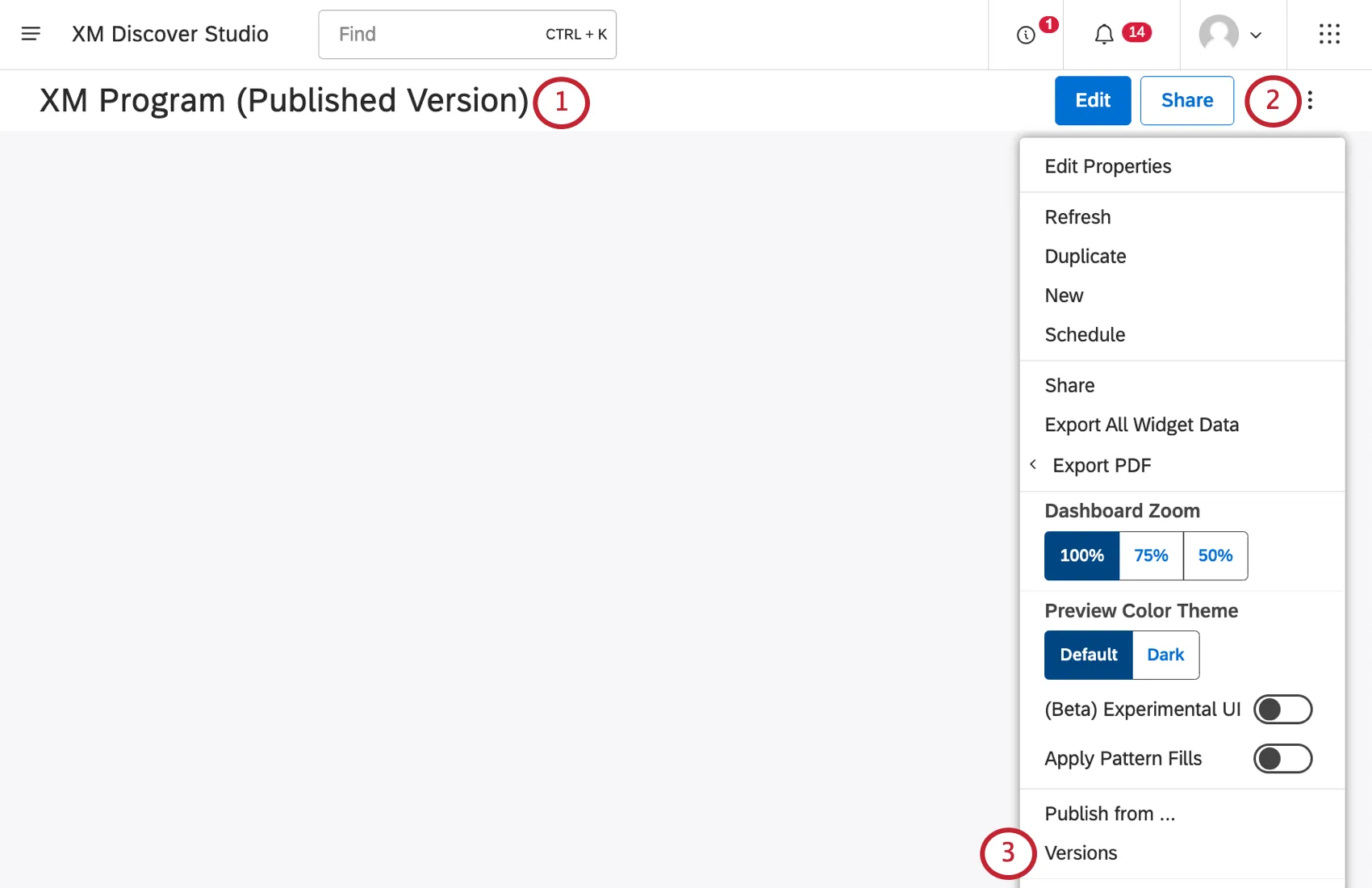 Allinterno di una dashboard, apertura del menu a 3 punti