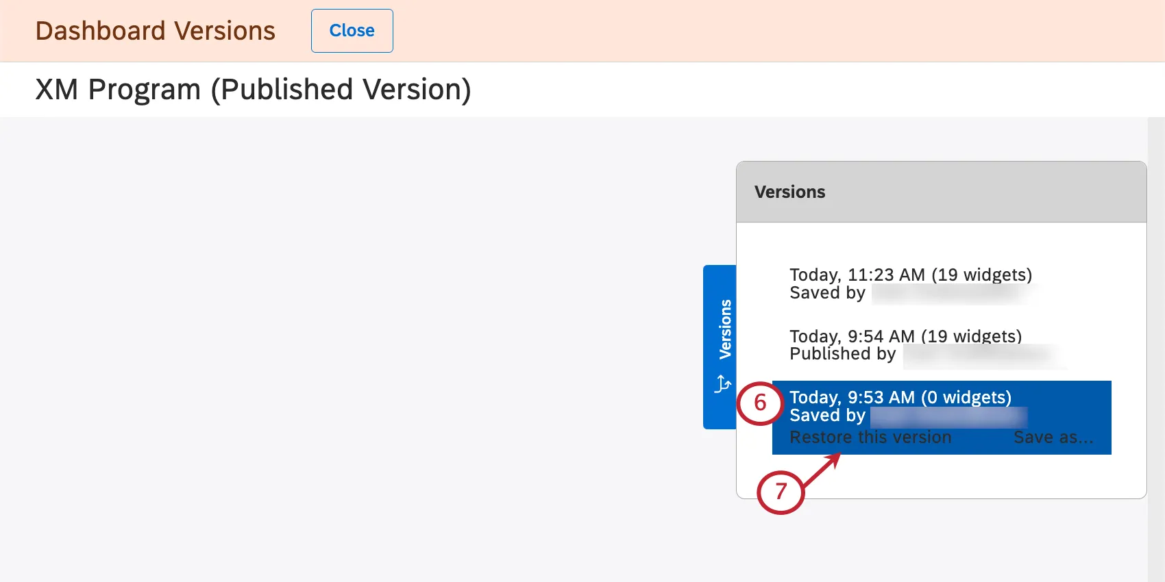 finestra di navigazione delle versioni