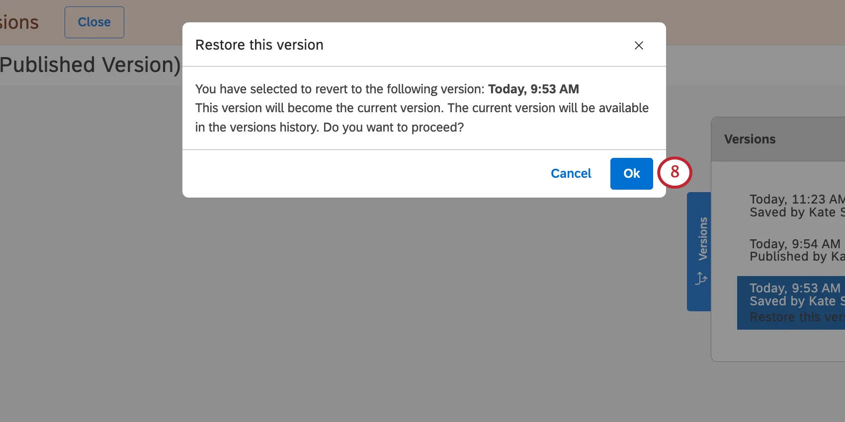 new window where you confirm restoration