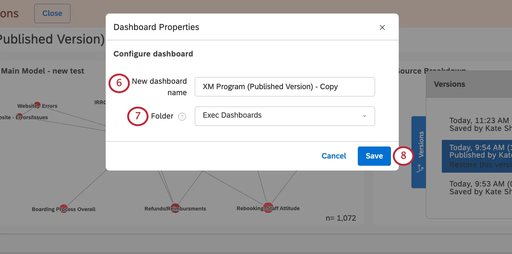 New window where you set dashboard properties