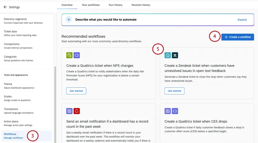 guia de fluxos de trabalho das configurações dashboard