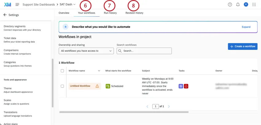 sono evidenziate le schede nella parte superiore della pagina dashboard dei flussi di lavoro: i flussi di lavoro, la cronologia sessioni e la cronologia revisioni
