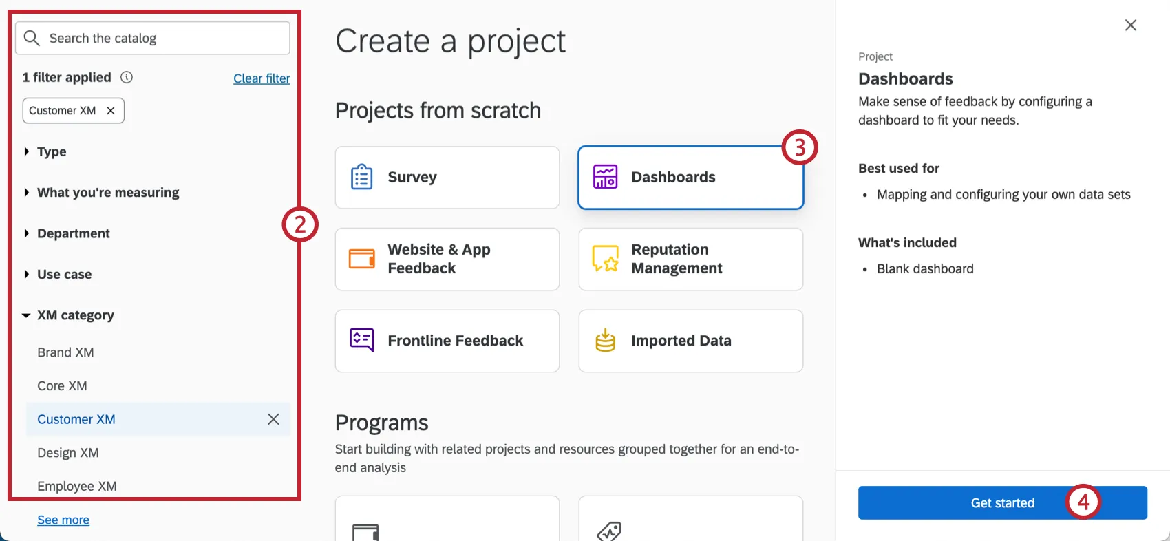 Filters and search bar along the top of the catalog, chosen project appears as a tile. Once the tile is clicked, a menu opens on the right with a description and a get started button