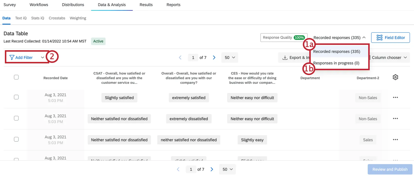 image of the data & Analysis tab. The Add filter button on the top left is highlighted and the response count in the top right is highlighted