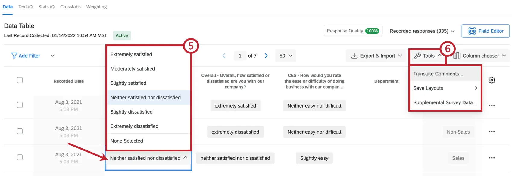 image of the data tab. The tools dropdown in the top right is expanded