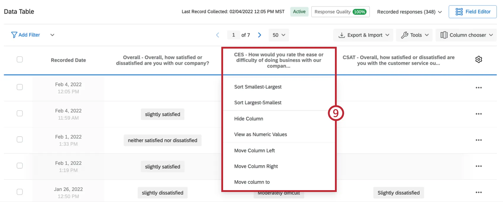 image of the data tab. A column of data is selected.