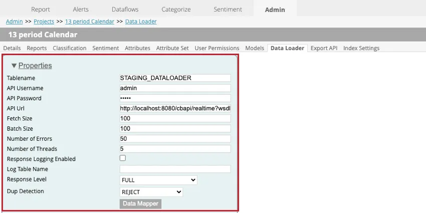 the data loader settings