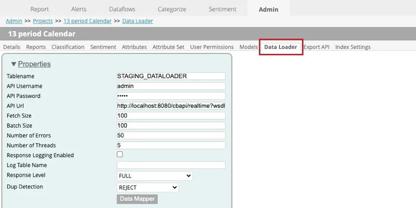 the data loader tab in designer