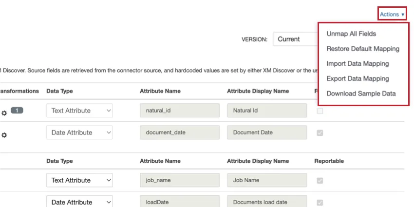 the data actions menu