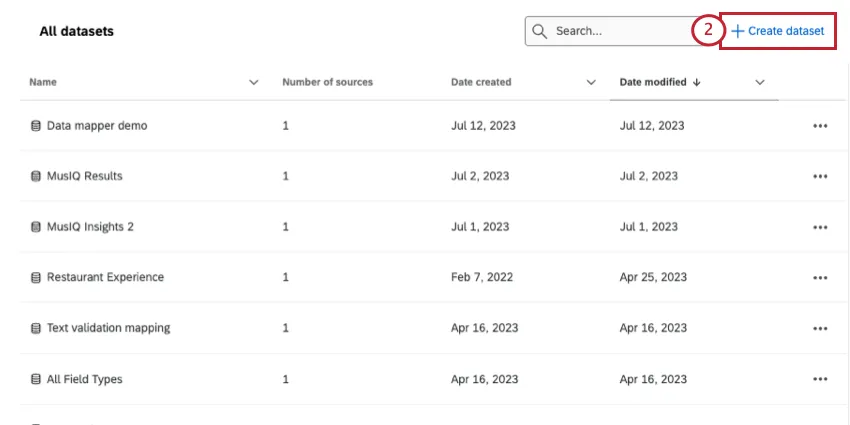 Create dataset button