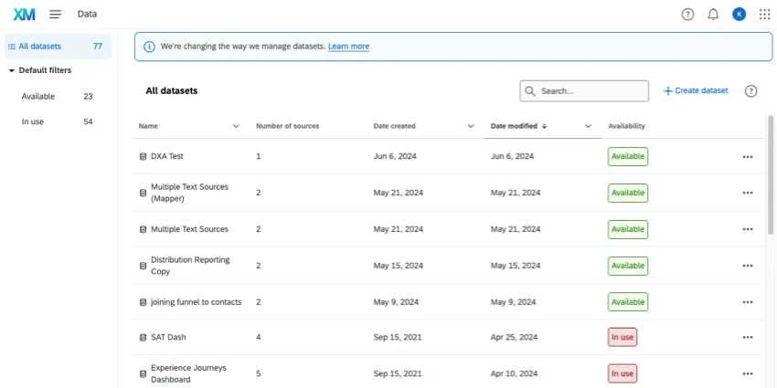 Datasets on the data page
