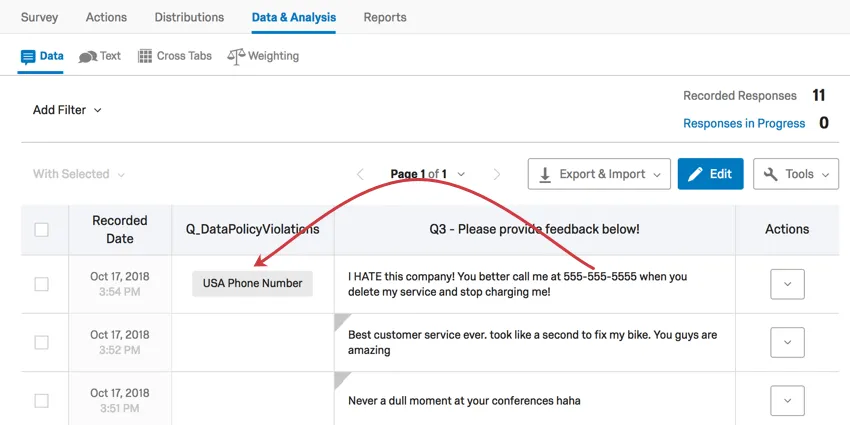 Telefonnummer in der Antwort bewirkt, dass eine Markierung gesetzt wird