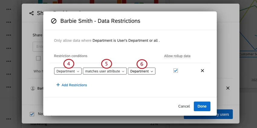 una condición para restringir los datos. La restricción está configurada para ver datos basados en los atributos de usuario del usuario.