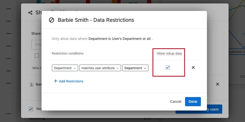 the allow rollup data option in the data restrictions screen