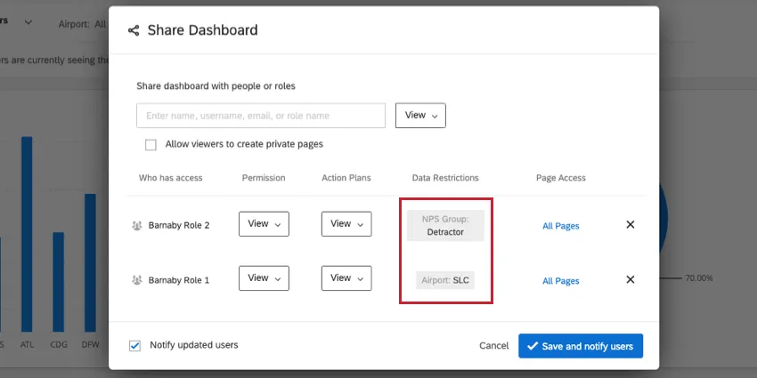 image of multiple fields with data restrictions. the restrictions are set in two different roles. the dashboard viewer will be able to see data for which any given restriction is true.