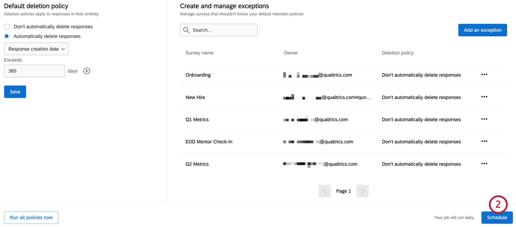 schedule button when setting up a retention policy